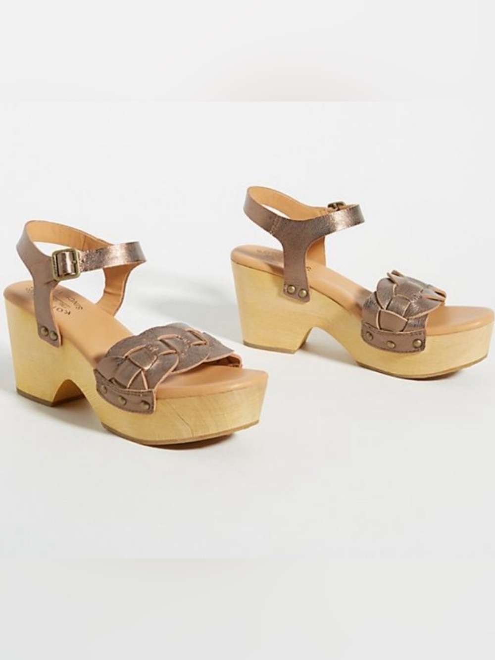 Kork-Ease Metallic Bronze Leather Woven Wooden Platform Sandals Size 7M